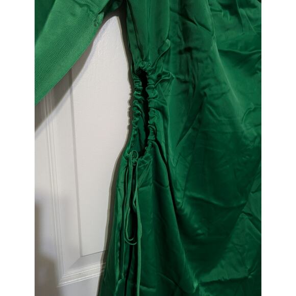 Leyden Satin Mini Dress Womens Size Large / L Side Tie Cutout Long Sleeve Green - Picture 7 of 14
